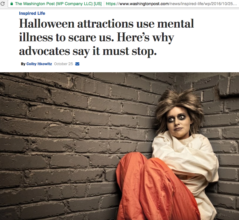  A woman dressed in straitjacket is among the many depictions of mental illness at Halloween attractions. (iStock) 